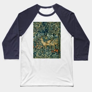 GREENERY,TWO DOES AND BIRDS IN FOREST Blue Green Floral Tapestry Baseball T-Shirt